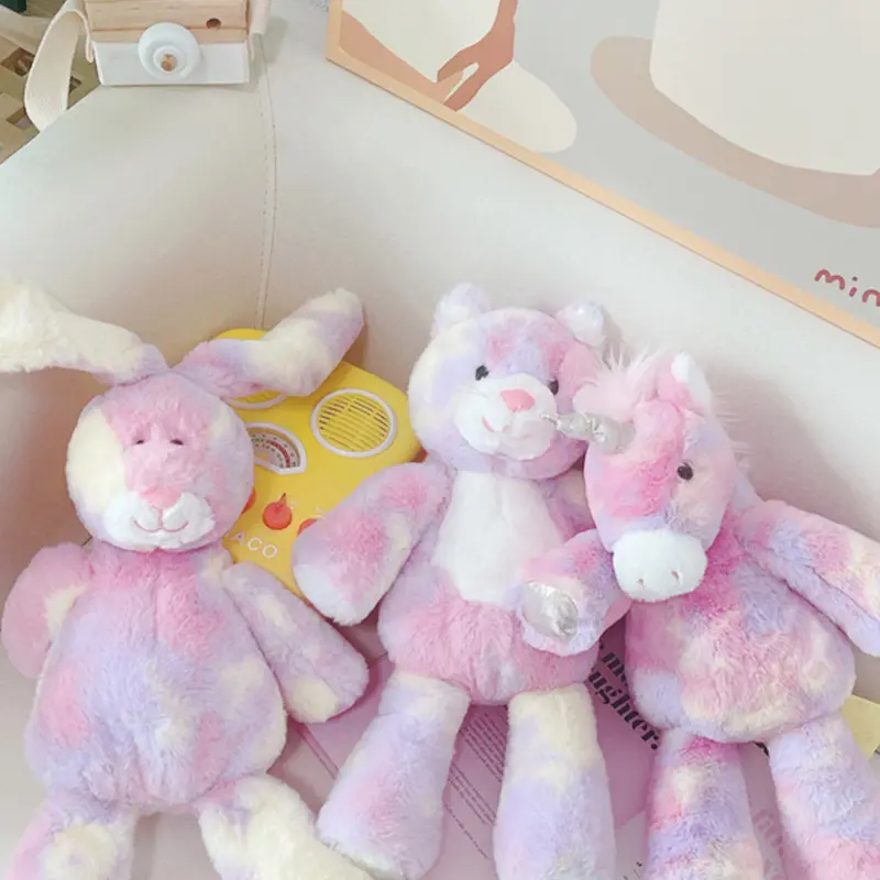 35cm Tie-Dye Cat Toy Baby Stuffed  Animal Dolls Sleeping Mate Rainbow Cartoon Bunny Unicorn Plush Toys
