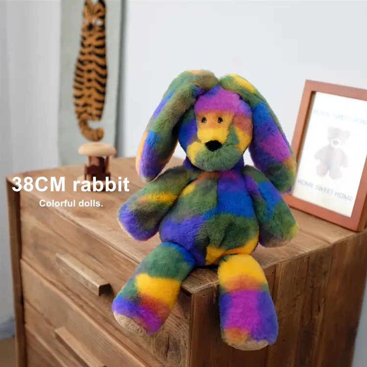 38cm Long Ears Fantastic Rainbow Colorful Plush Rabbit Bears Plush Toy  Soft Stuffed Animals Bunny Bear Doll Kids Toys Birthday