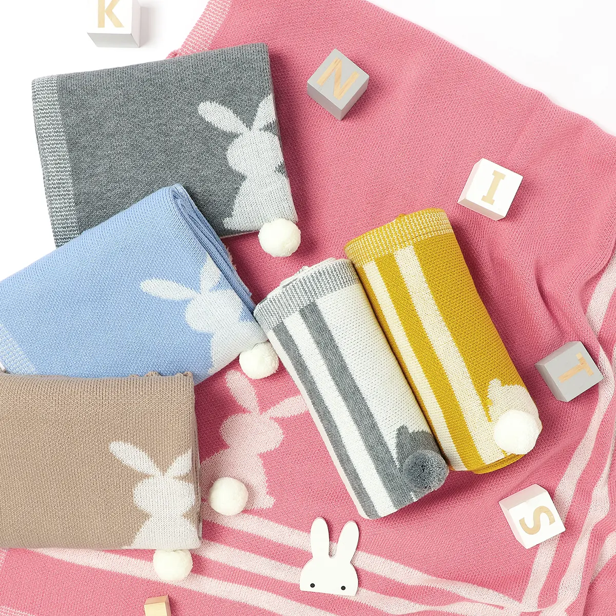 Soft Newborn Swaddle Wrap Girl Boy Cute Rabbit Plaid Bedding Crib Quilt Fashion Toddler Infant Baby Blankets Knitted