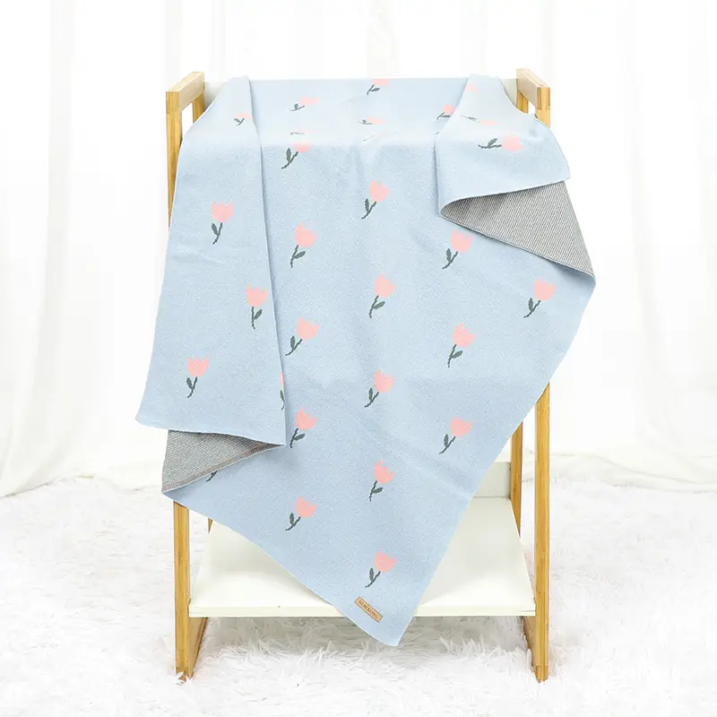 Lovely Flower Knitted Baby Blankets Soft Cotton Swaddle Wrap Toddler Infant Bed Sleeping Cover 100*80cm