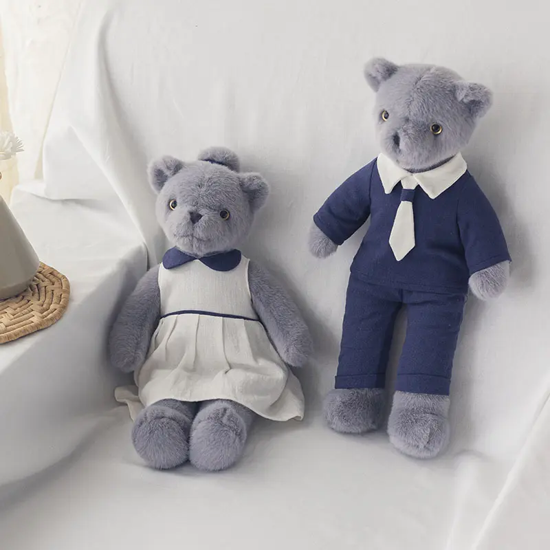 33cm Cute Couple Teddy Bear With Cloth Soft Plush Toys Grey Bears Stuffed Animals Toy Kids  Children Birthday Christmas Gift