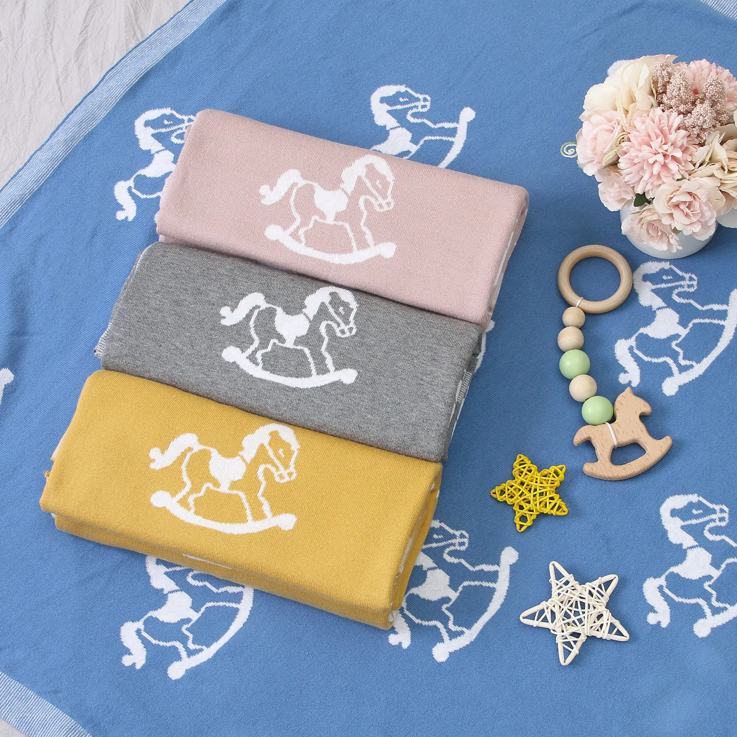 Baby Blankets Swaddle Wrap Soft Cotton Cute Rocking Horse Knitted Newborn Bebes Stroller Bedding Sleeping Covers