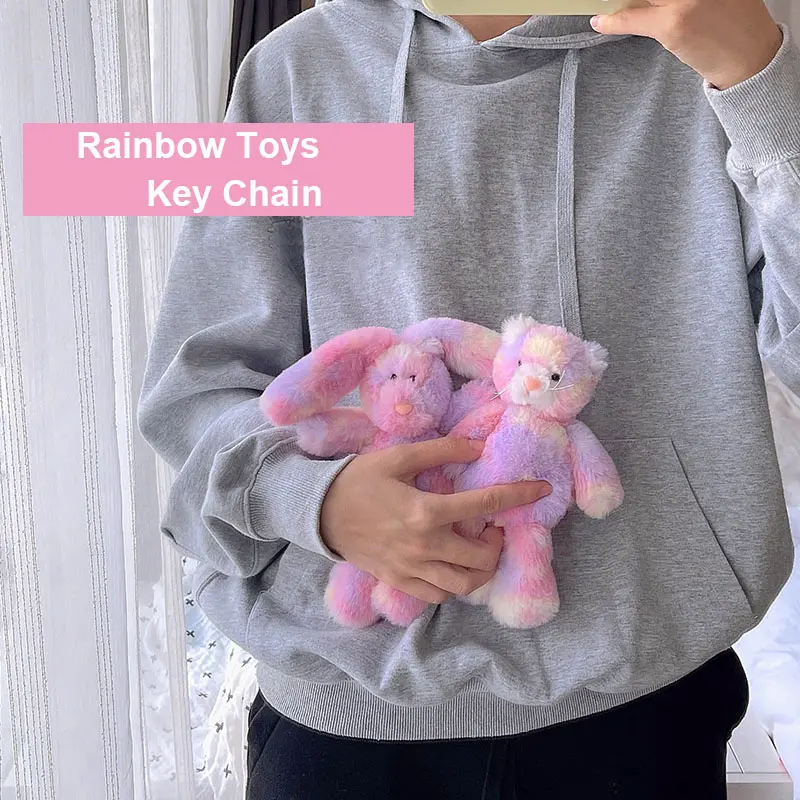 Rainbow Bunny Plush Toy Keychain For Decoration Bag Colorful Cat Soft Animal Stuffed Toys Key Chain