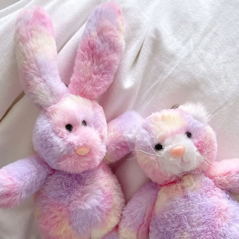 Rainbow Bunny Plush Toy Keychain For Decoration Bag Colorful Cat Soft Animal Stuffed Toys Key Chain