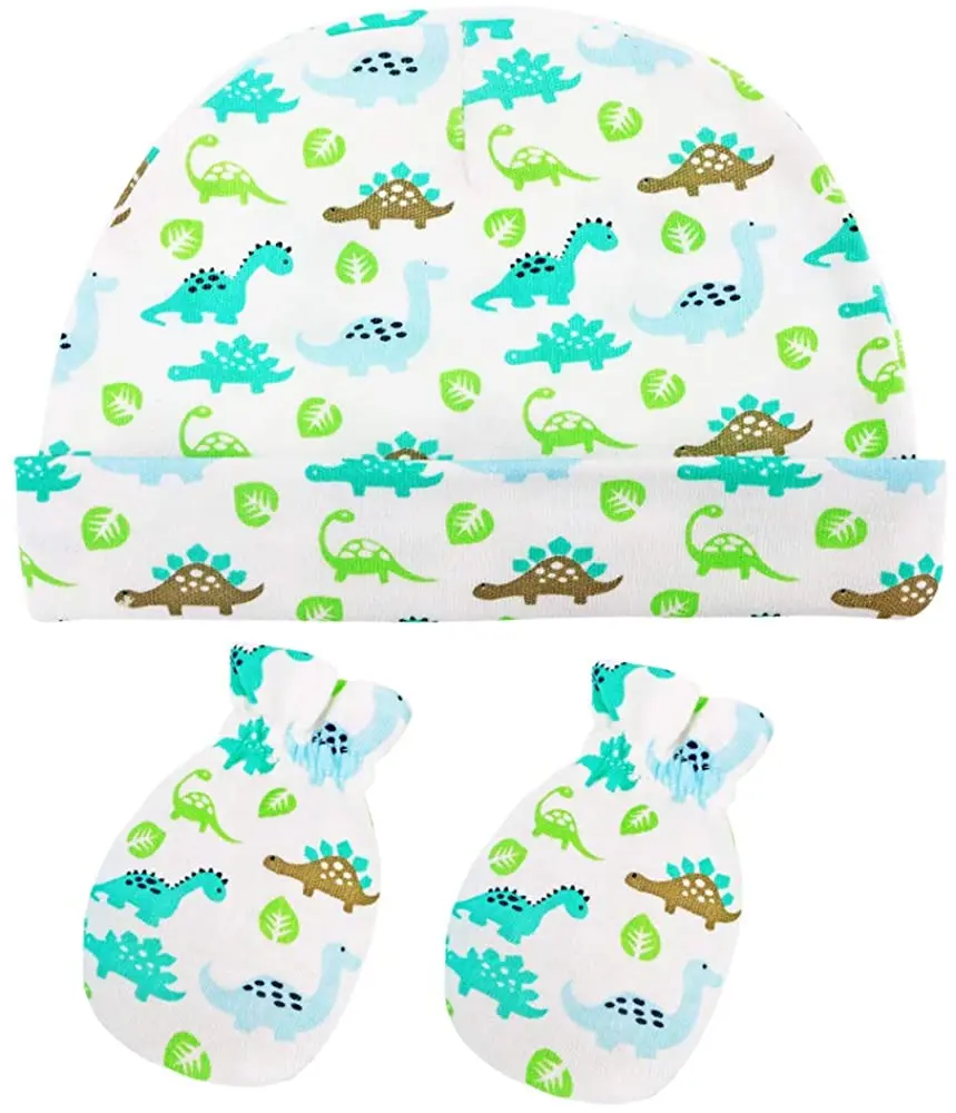 Newborn Baby Hat and Mittens Sets Cotton Infant Beanie Prevent Babies from Scratching Skin, 0-6 Months