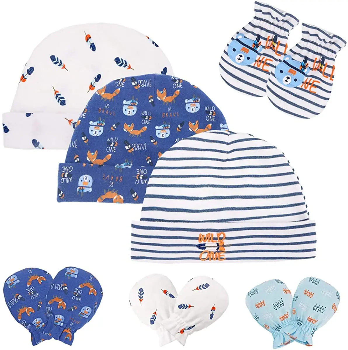 Newborn Baby Hat and Mittens Sets Cotton Infant Beanie Prevent Babies from Scratching Skin, 0-6 Months