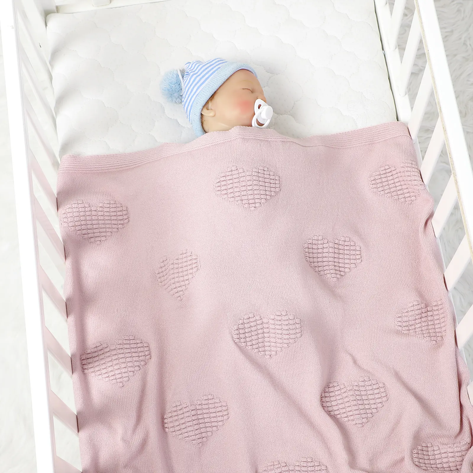 Sweet Heart Knitted Baby Blankets Multi-use Newborn Boy Girl Solid Stroller Nursery Soft Cotton Swaddle Wrap Plaid 100*80cm