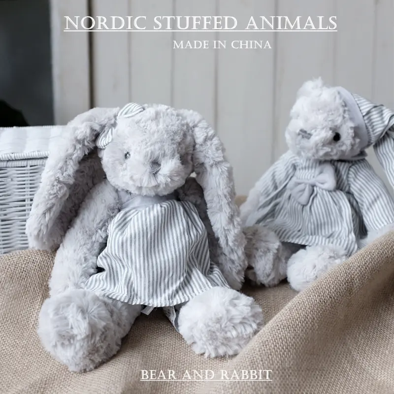 Teddy Bear Stuffed Animal  - Plush Toys - Great for Nursery Decor - Baby Gifts - Cute Fluffy Grey Bunny with Dress Baby Toy