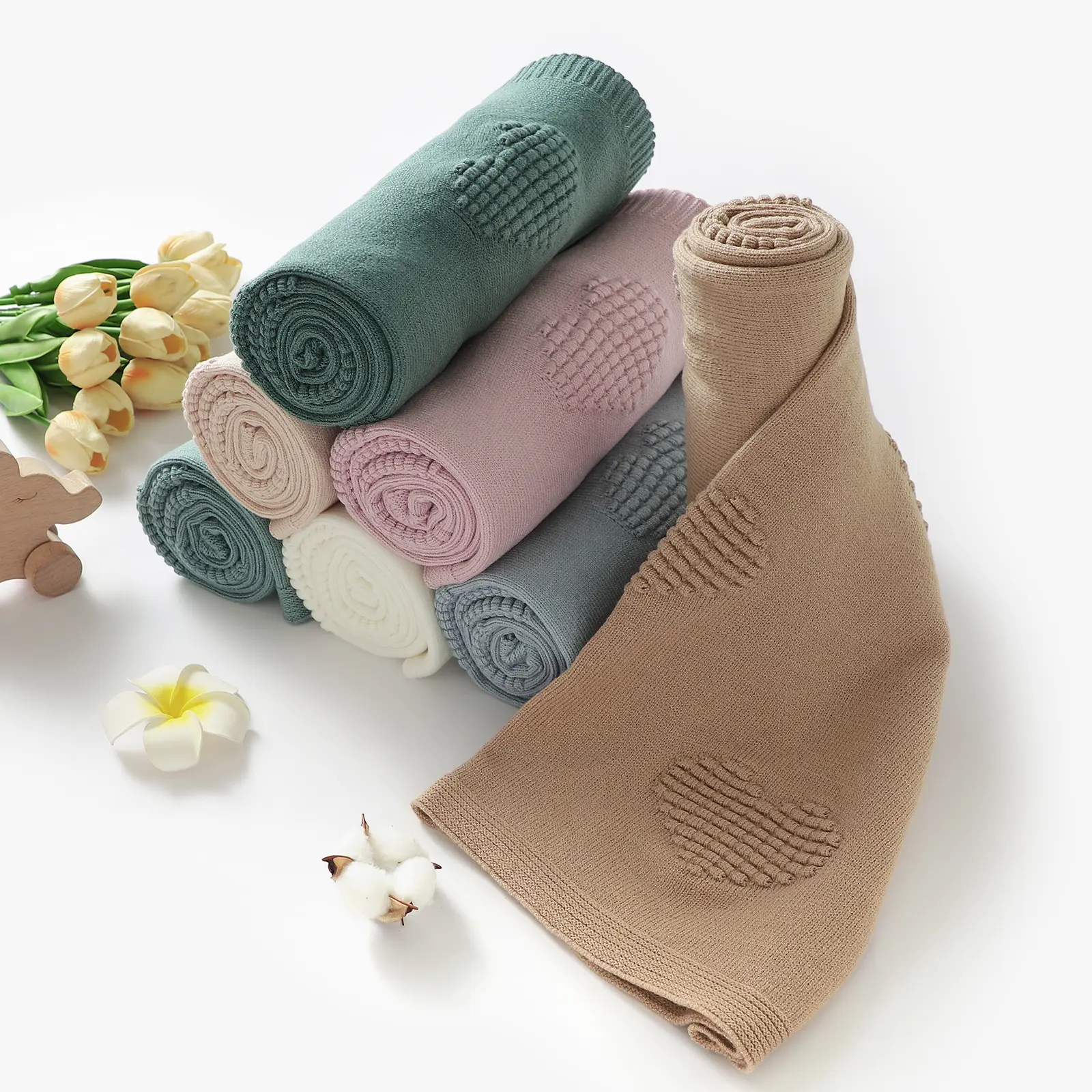 Sweet Heart Knitted Baby Blankets Multi-use Newborn Boy Girl Solid Stroller Nursery Soft Cotton Swaddle Wrap Plaid 100*80cm