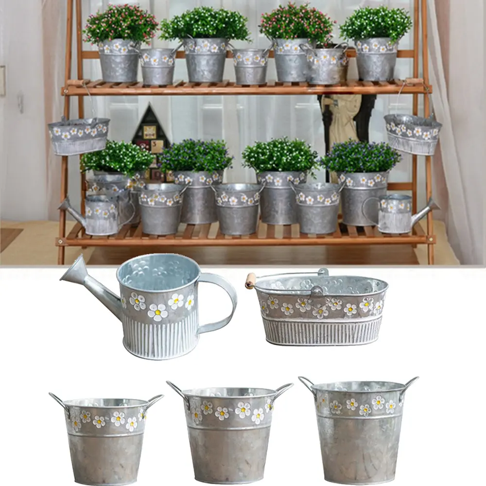 Embossed Vintage Iron Flower Pot Desktop Flowers Vase Plant Hanging Balcony Plant Bucket Planting Home Garden Decorations