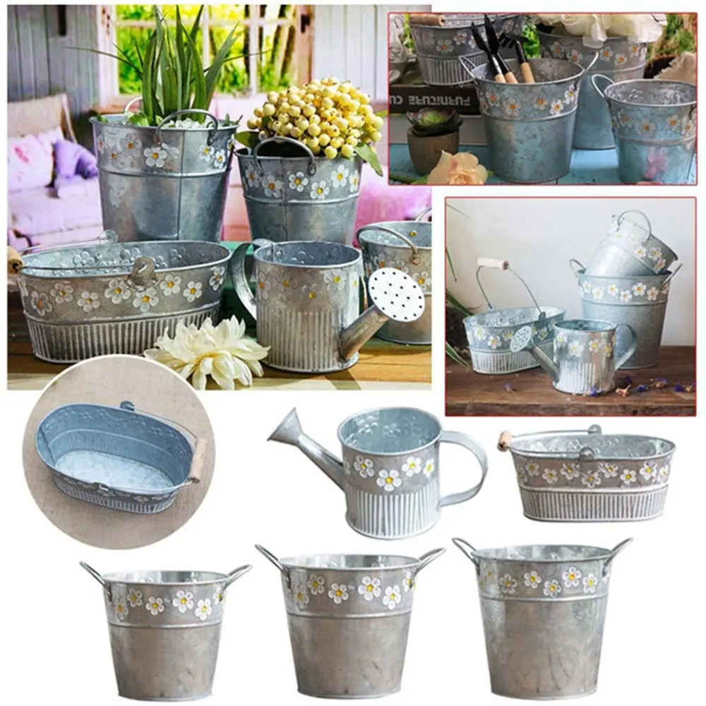 Embossed Vintage Iron Flower Pot Desktop Flowers Vase Plant Hanging Balcony Plant Bucket Planting Home Garden Decorations
