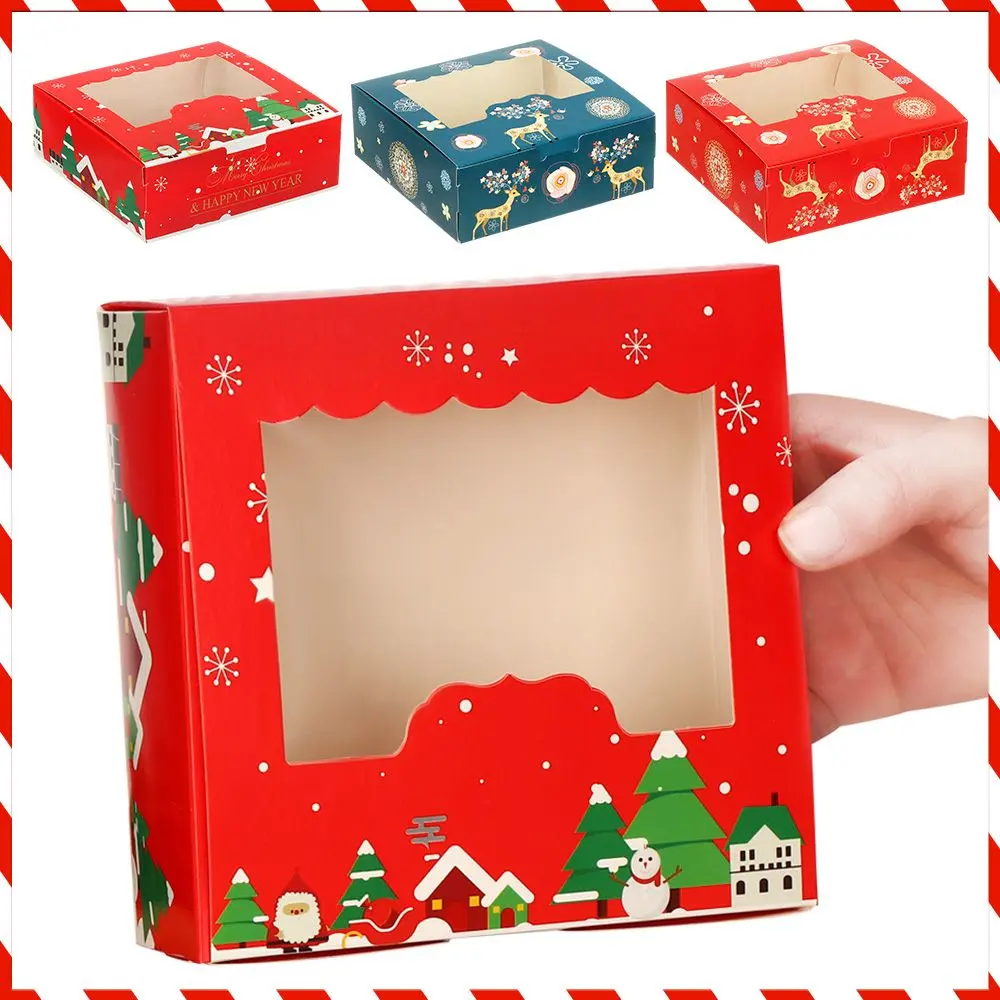 1/10pcs Christmas Cardboard Cake Boxes 4 Cup Cake Packaging Box Biscuit Nougat Chocolate Candy Gift Wrapping Box