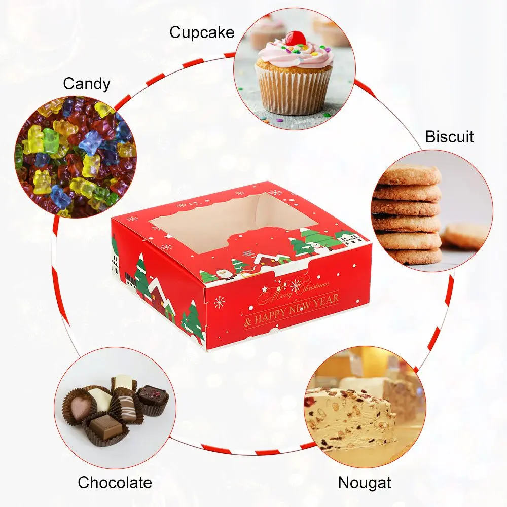 1/10pcs Christmas Cardboard Cake Boxes 4 Cup Cake Packaging Box Biscuit Nougat Chocolate Candy Gift Wrapping Box