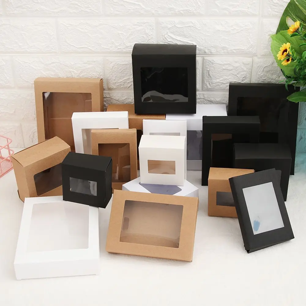 10Pcs Kraft Paper Gift Box DIY Vintage Cake Package with Clear PVC Window Candy Wrapping Bag Wedding Birthday Party Package Box