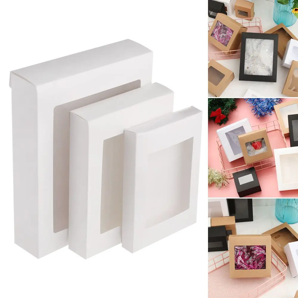 10Pcs Kraft Paper Gift Box DIY Vintage Cake Package with Clear PVC Window Candy Wrapping Bag Wedding Birthday Party Package Box