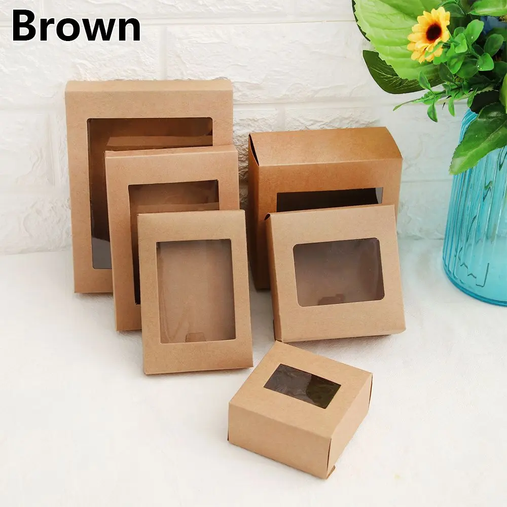 10Pcs Kraft Paper Gift Box DIY Vintage Cake Package with Clear PVC Window Candy Wrapping Bag Wedding Birthday Party Package Box