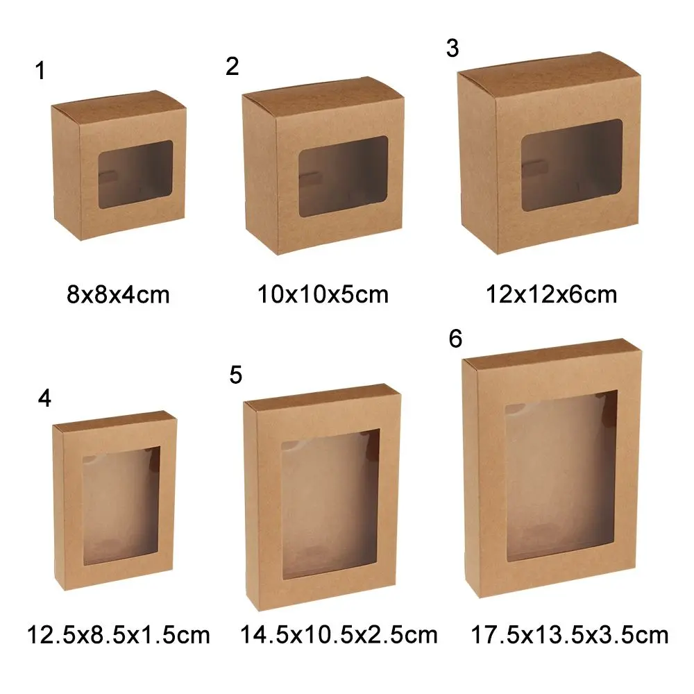 10Pcs Kraft Paper Gift Box DIY Vintage Cake Package with Clear PVC Window Candy Wrapping Bag Wedding Birthday Party Package Box