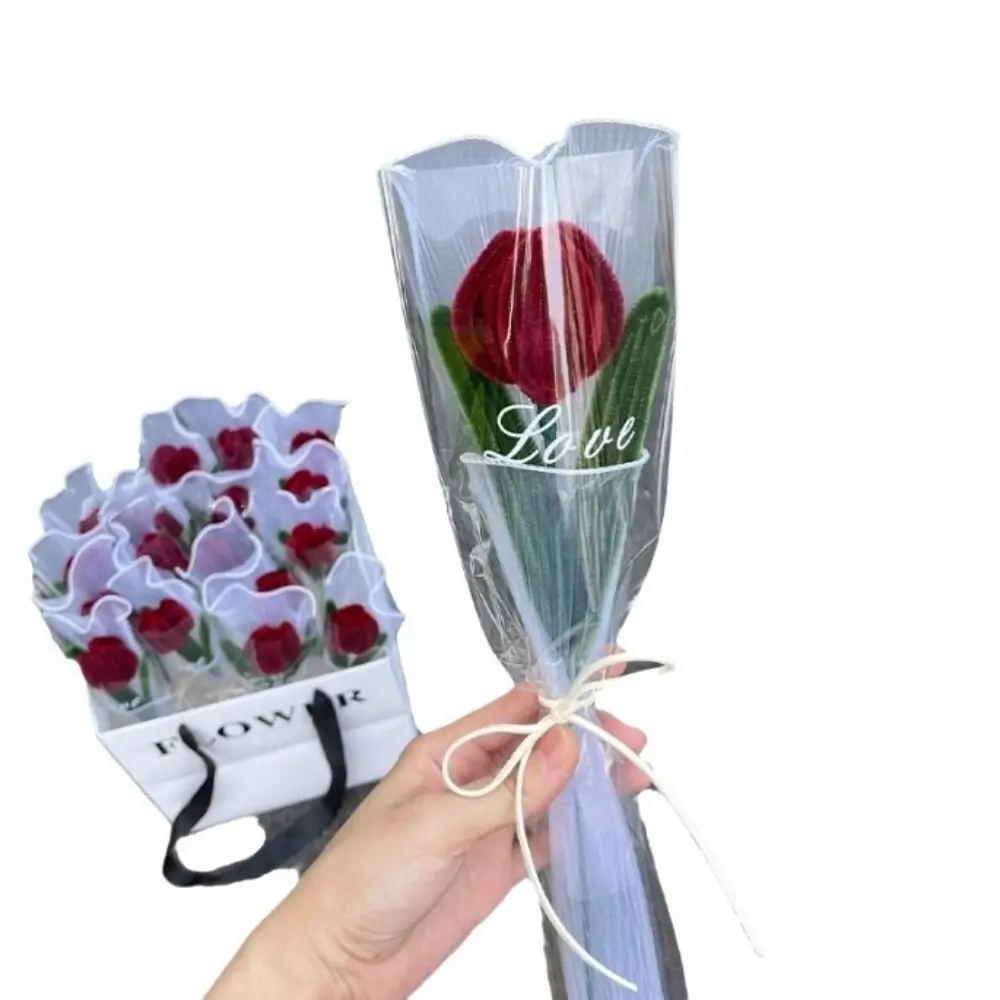 Romantic 30cm Knitting Flower Rose Tulips Handmade Gifts ​Crochet Simulation Tulips Artificial Flowers Wedding Party Decor