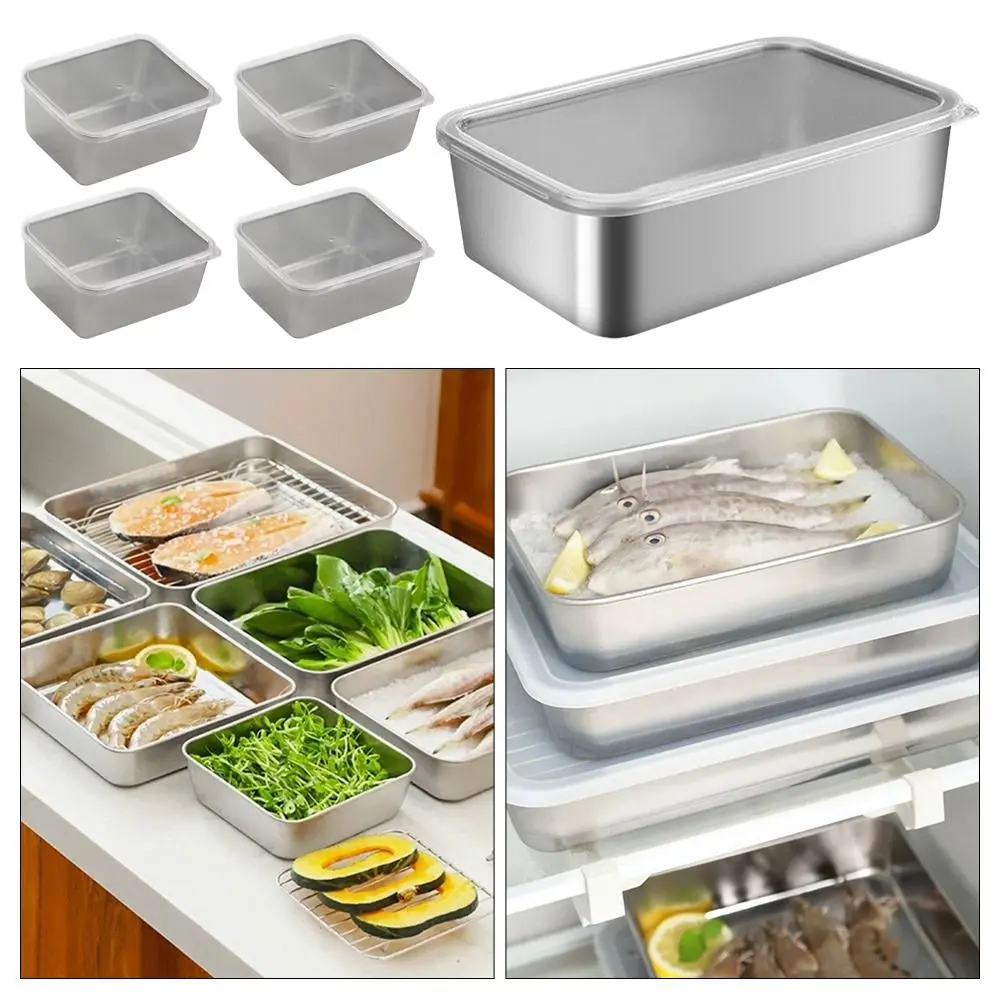 1Pcs Stainless Steel Crisper Box Rectangular Refrigerator Frozen Sorting Storage Box with Lid S/M/L Food Organizer Kitchen