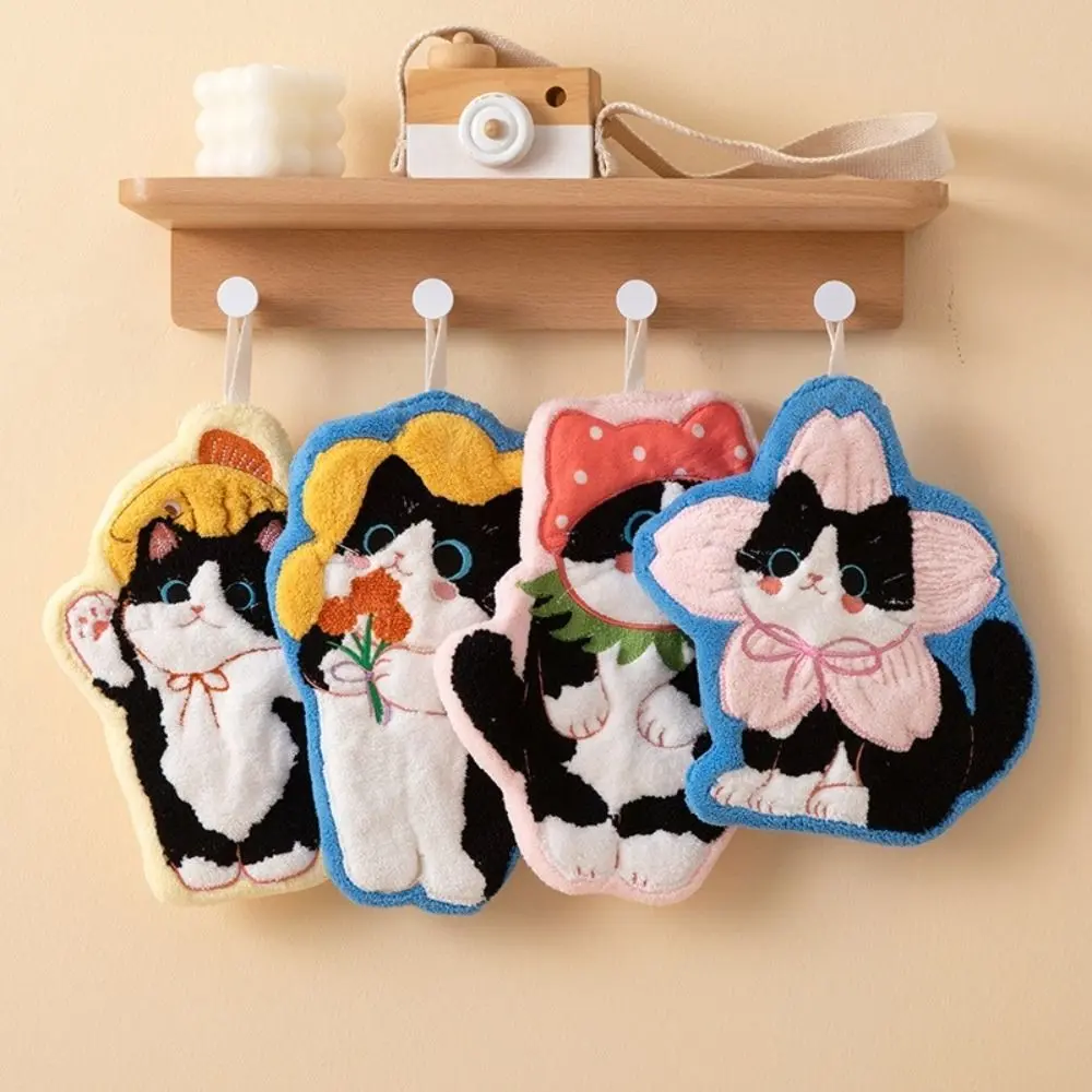 Cute Cat Hand Towel Coral Fleece Strong Water Absorption Bathroom Kerchief Hanging Style Soft Washcloth Kitchen