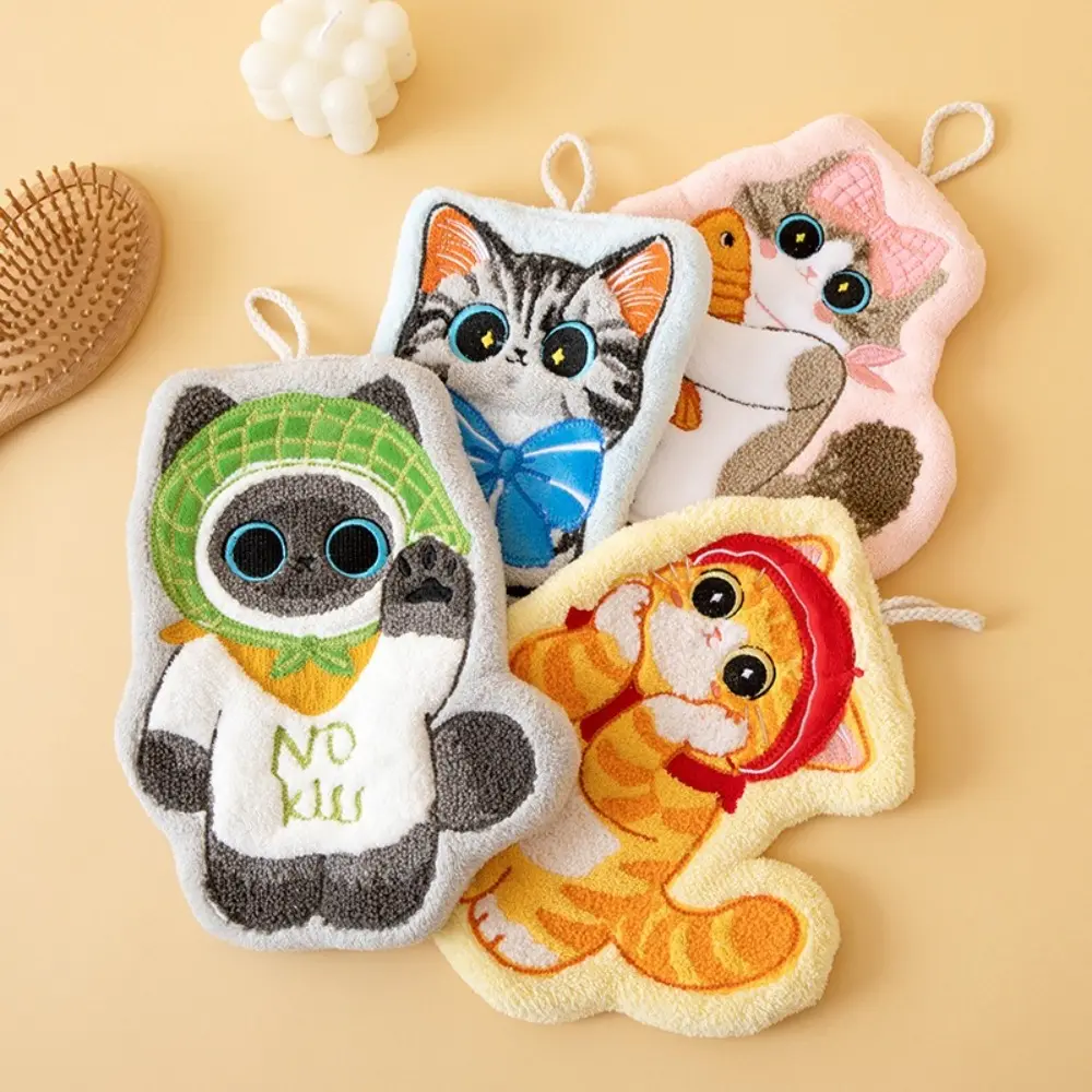Cute Cat Hand Towel Coral Fleece Strong Water Absorption Bathroom Kerchief Hanging Style Soft Washcloth Kitchen