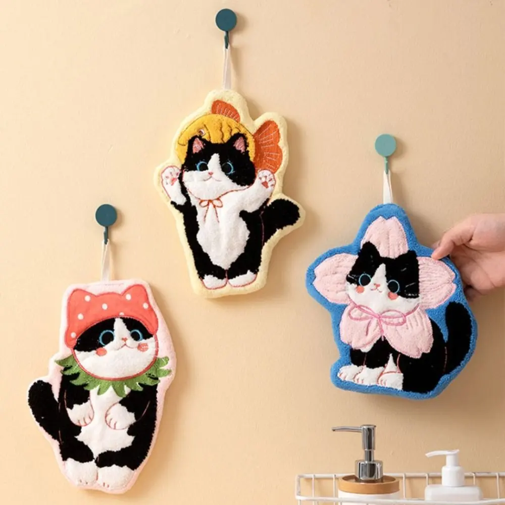 Cute Cat Hand Towel Coral Fleece Strong Water Absorption Bathroom Kerchief Hanging Style Soft Washcloth Kitchen