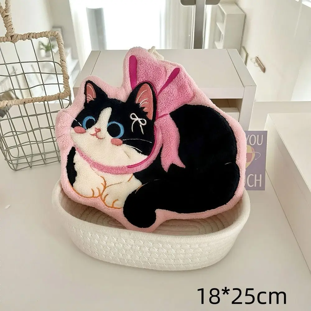 Cute Cat Hand Towel Coral Fleece Strong Water Absorption Bathroom Kerchief Hanging Style Soft Washcloth Kitchen