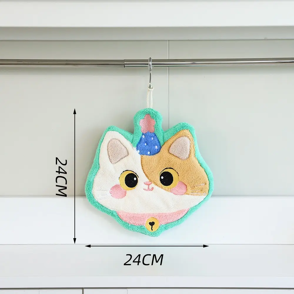 Cute Cat Hand Towel Coral Fleece Strong Water Absorption Bathroom Kerchief Hanging Style Soft Washcloth Kitchen