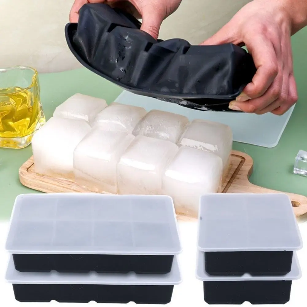 4/6/8 Grid Large Ice Block Ice Grid Silicone Mold Tray With Lid Stackable Square Ice Cube Mold Ice Storage Box Quick Frozen