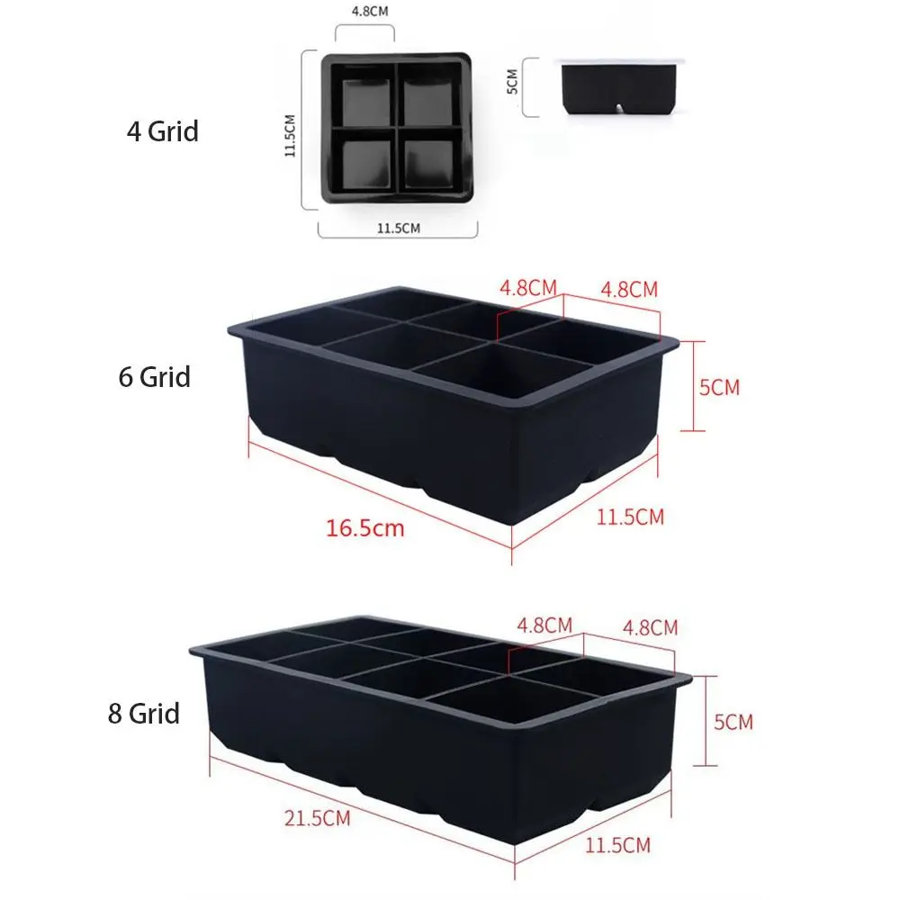4/6/8 Grid Large Ice Block Ice Grid Silicone Mold Tray With Lid Stackable Square Ice Cube Mold Ice Storage Box Quick Frozen