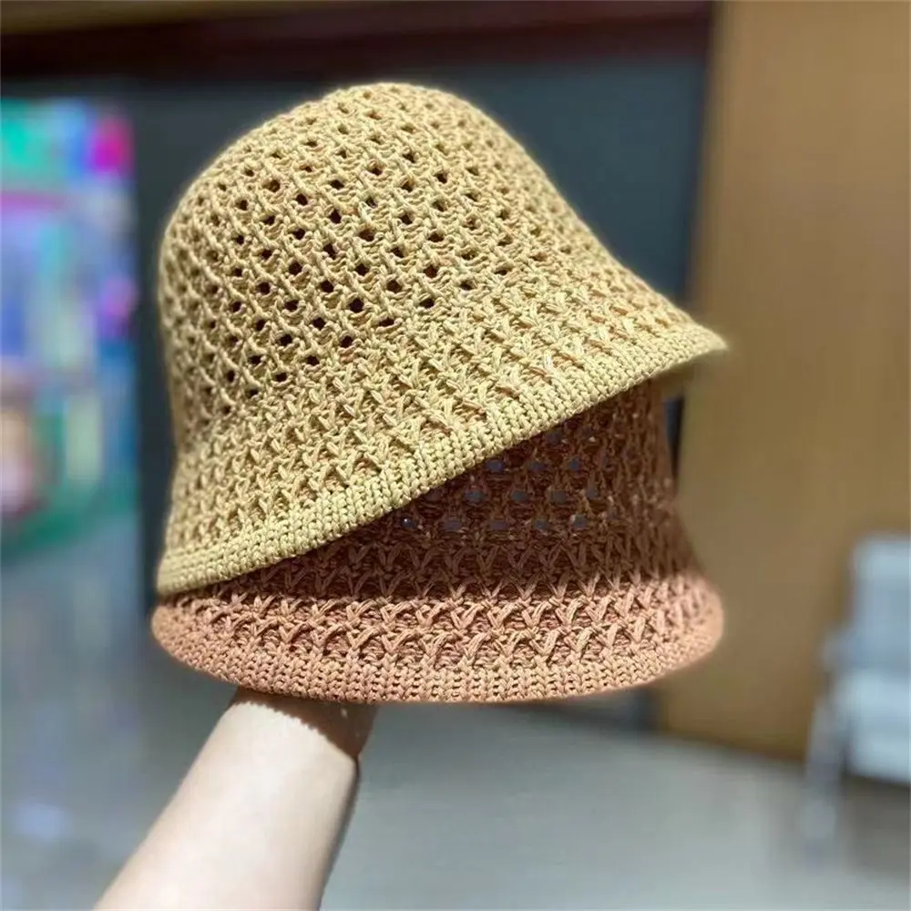 Women Bucket Hat Spring Summer Hollow Knitted Hat Solid Color Sunhat Fisherman Caps Casual Foldable Beach Cap