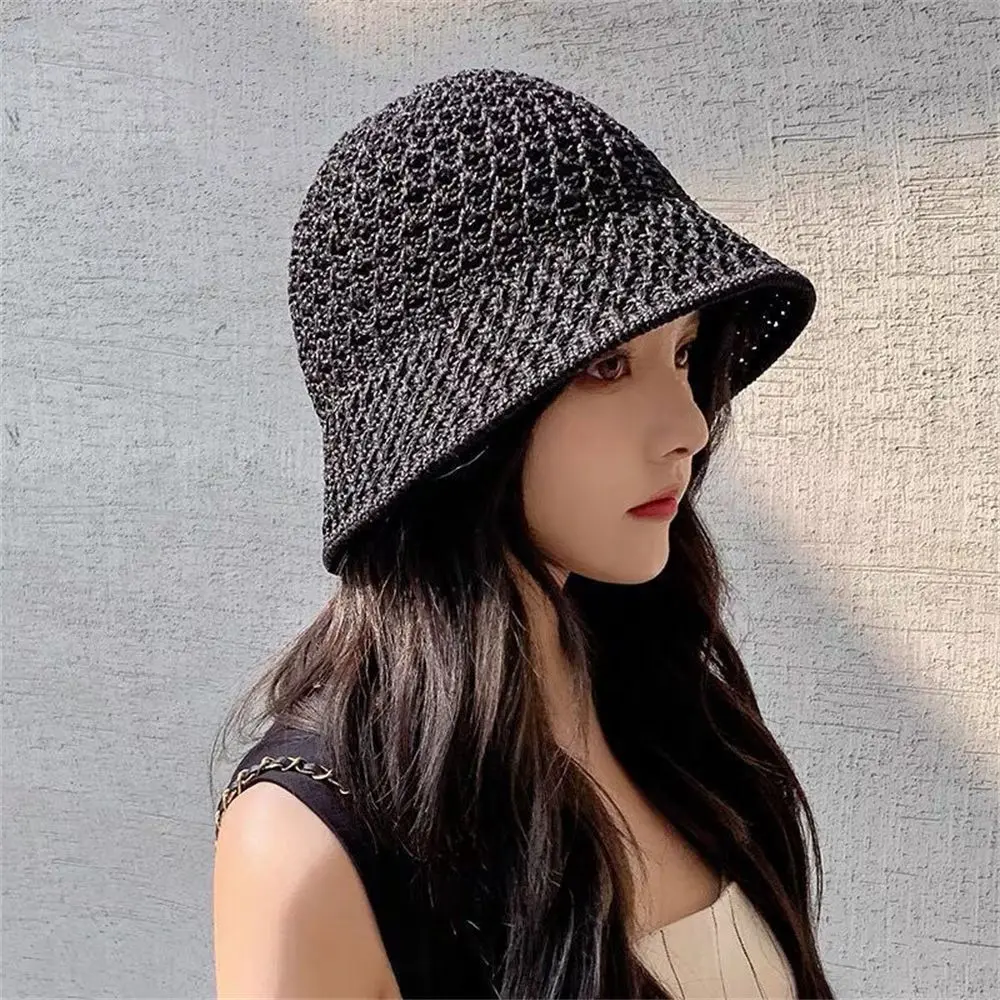 Women Bucket Hat Spring Summer Hollow Knitted Hat Solid Color Sunhat Fisherman Caps Casual Foldable Beach Cap