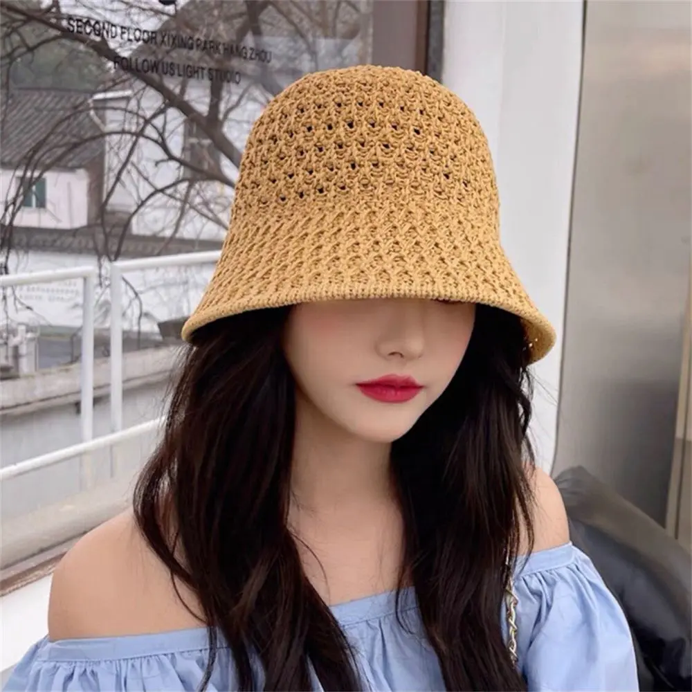 Women Bucket Hat Spring Summer Hollow Knitted Hat Solid Color Sunhat Fisherman Caps Casual Foldable Beach Cap