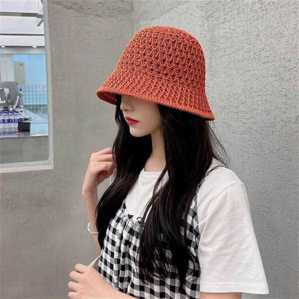 Women Bucket Hat Spring Summer Hollow Knitted Hat Solid Color Sunhat Fisherman Caps Casual Foldable Beach Cap