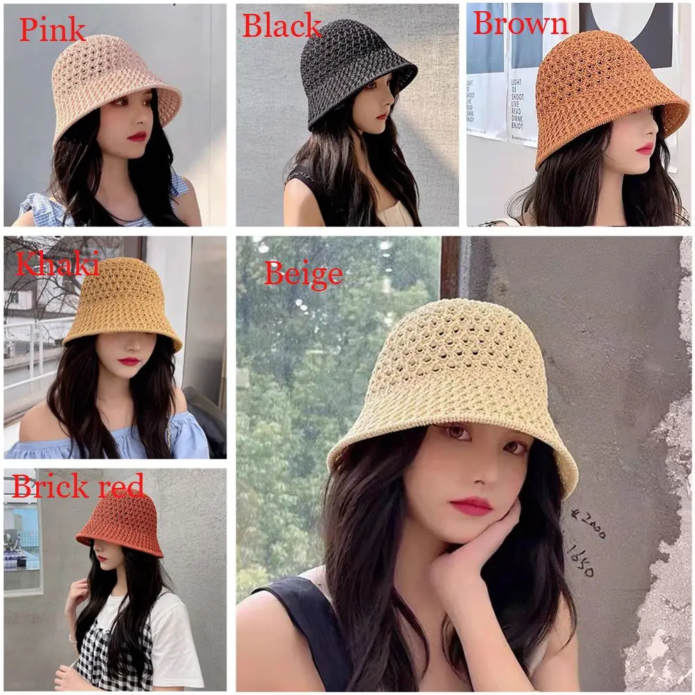 Women Bucket Hat Spring Summer Hollow Knitted Hat Solid Color Sunhat Fisherman Caps Casual Foldable Beach Cap