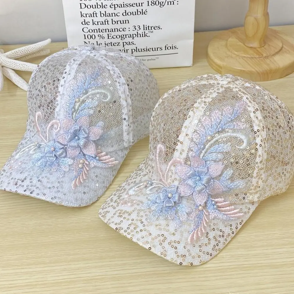 Summer Lace Baseball Cap Mesh Embroidered Flowers Duck Tongue Hat Breathable Sunscreen Hat For Women Girls