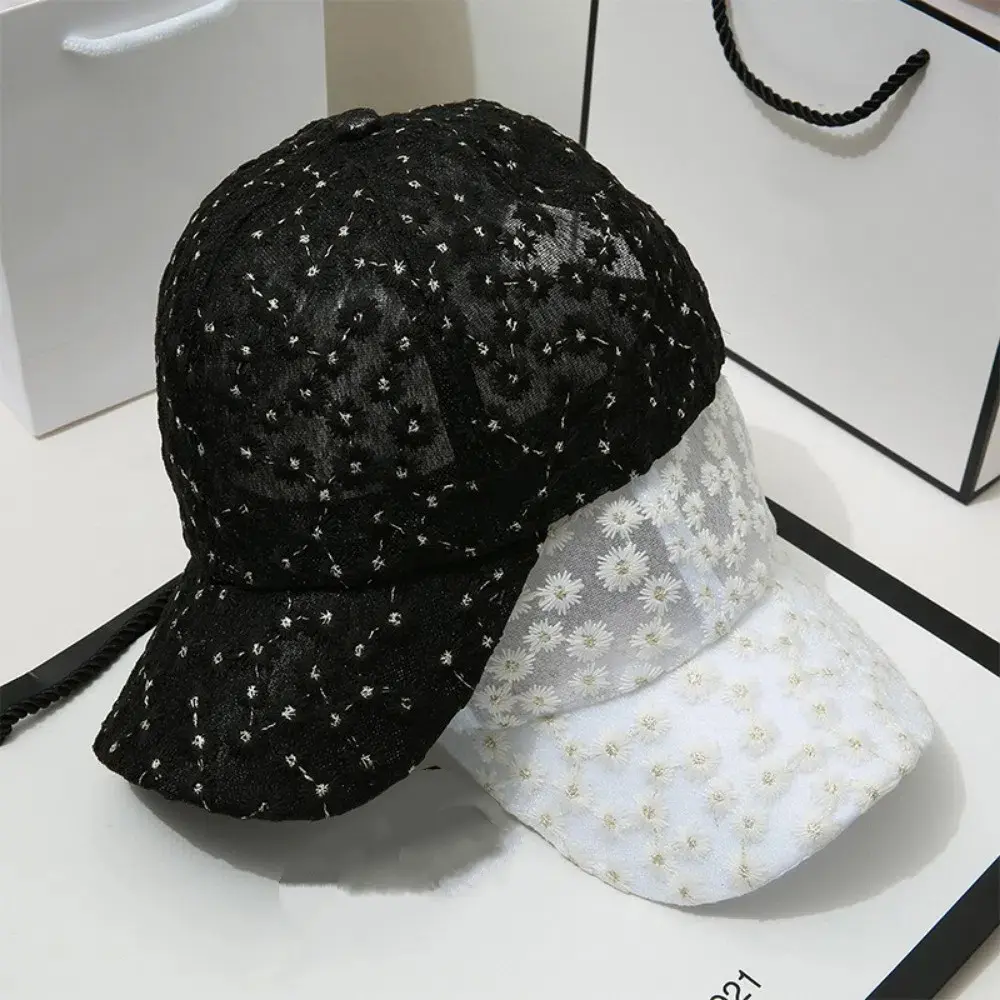 Summer Lace Baseball Cap Mesh Embroidered Flowers Duck Tongue Hat Breathable Sunscreen Hat For Women Girls