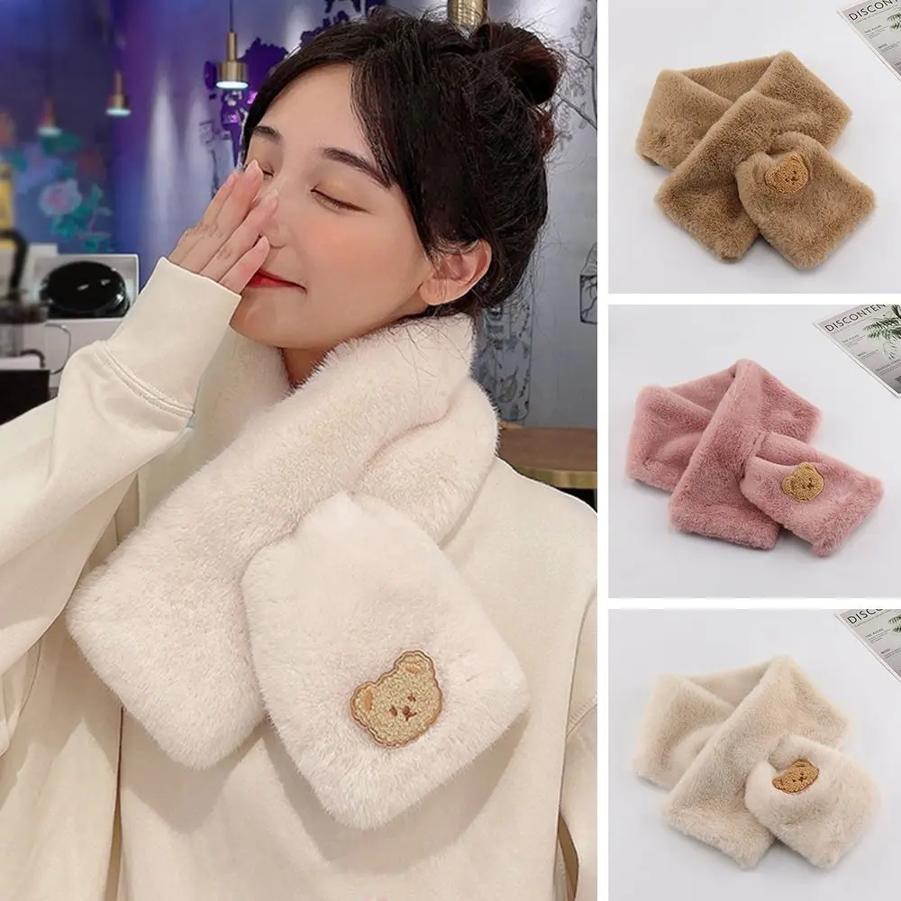Women Winter Warm Thicken Cross Collar Scarf Solid Color Cute Bear Faux Rabbit Fur Plush Elegant Shawl Scarfs