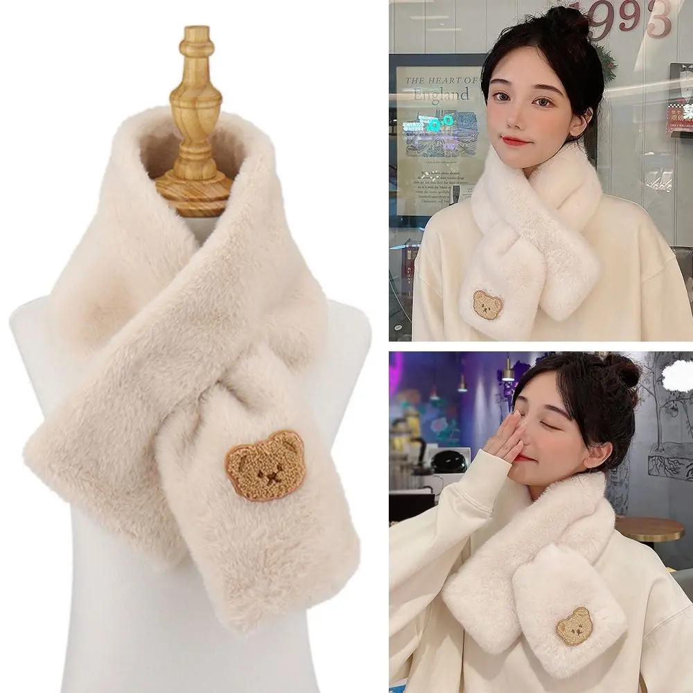 Women Winter Warm Thicken Cross Collar Scarf Solid Color Cute Bear Faux Rabbit Fur Plush Elegant Shawl Scarfs