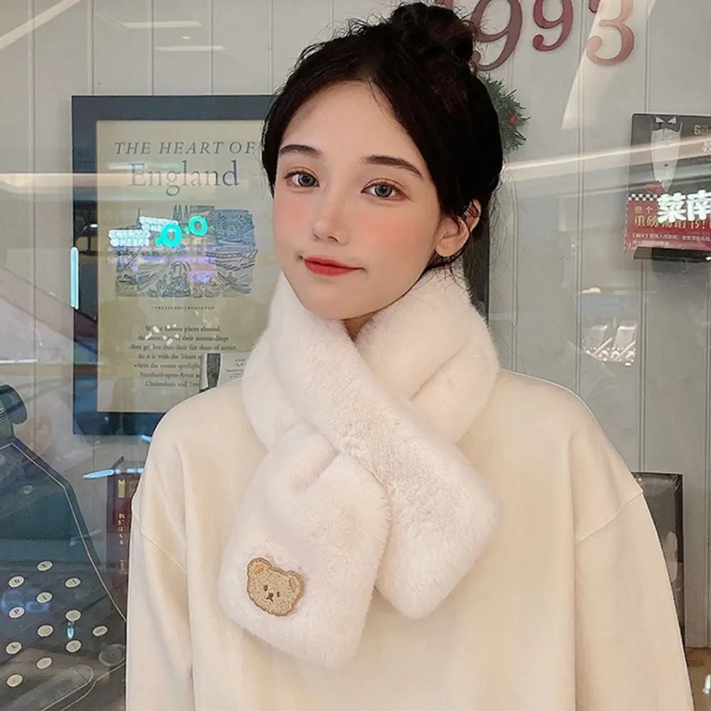 Women Winter Warm Thicken Cross Collar Scarf Solid Color Cute Bear Faux Rabbit Fur Plush Elegant Shawl Scarfs
