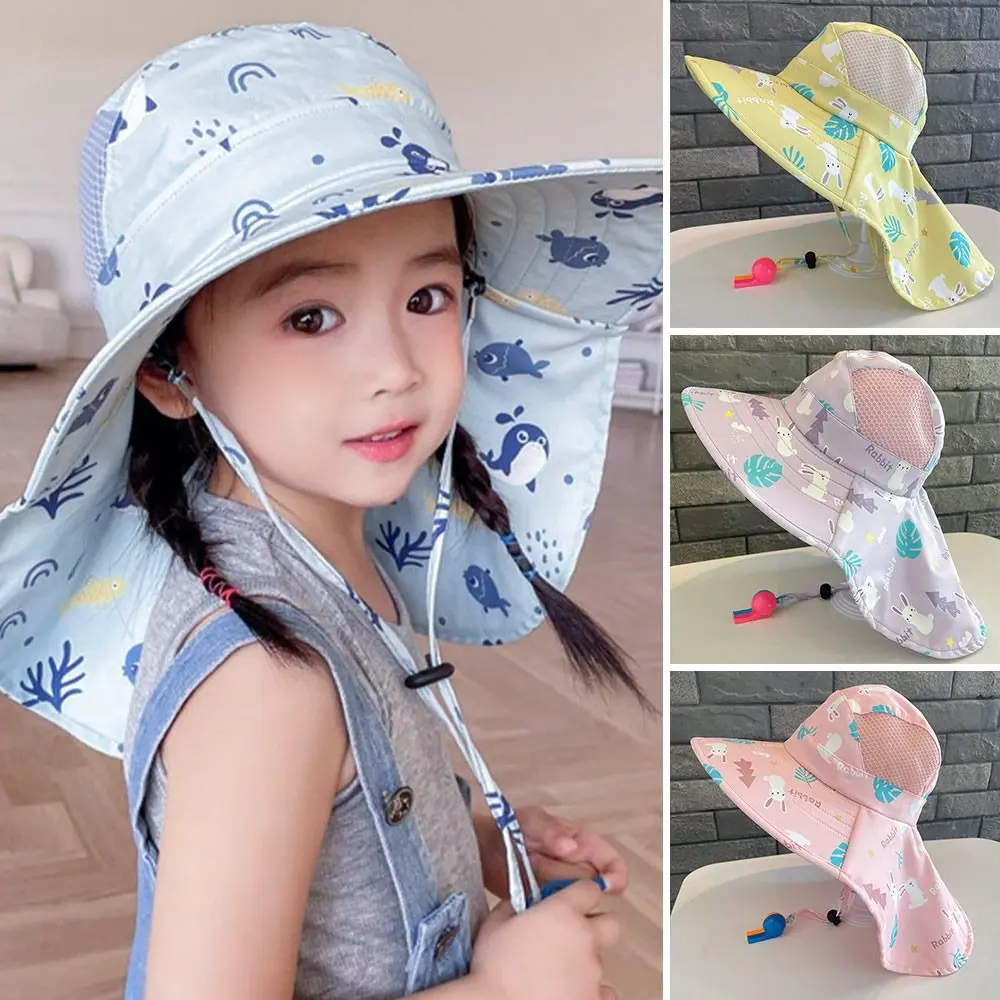 Summer Baby Sun Hat Bucket Cap With Whistle For Girls Boys UV Protection Polyester Sun Cap Cute Cartoon Panama Hat Toddler