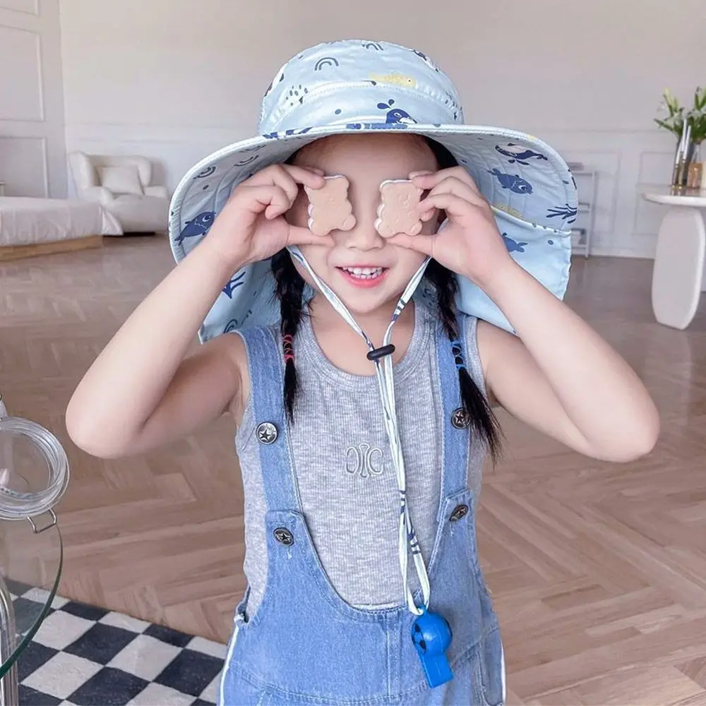 Summer Baby Sun Hat Bucket Cap With Whistle For Girls Boys UV Protection Polyester Sun Cap Cute Cartoon Panama Hat Toddler