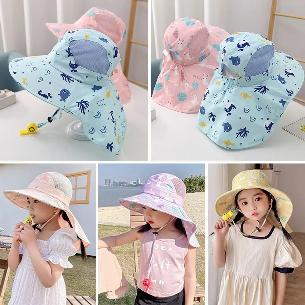 Summer Baby Sun Hat Bucket Cap With Whistle For Girls Boys UV Protection Polyester Sun Cap Cute Cartoon Panama Hat Toddler