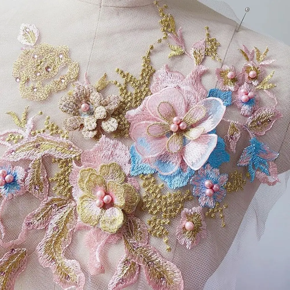 3D Flowers Beaded Lace Fabrics Applique Embroidery Sewing On Patches For Wedding Evening Dress Clothing Patches Scrapbooking