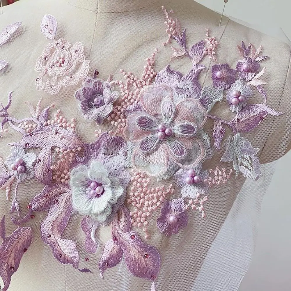 3D Flowers Beaded Lace Fabrics Applique Embroidery Sewing On Patches For Wedding Evening Dress Clothing Patches Scrapbooking