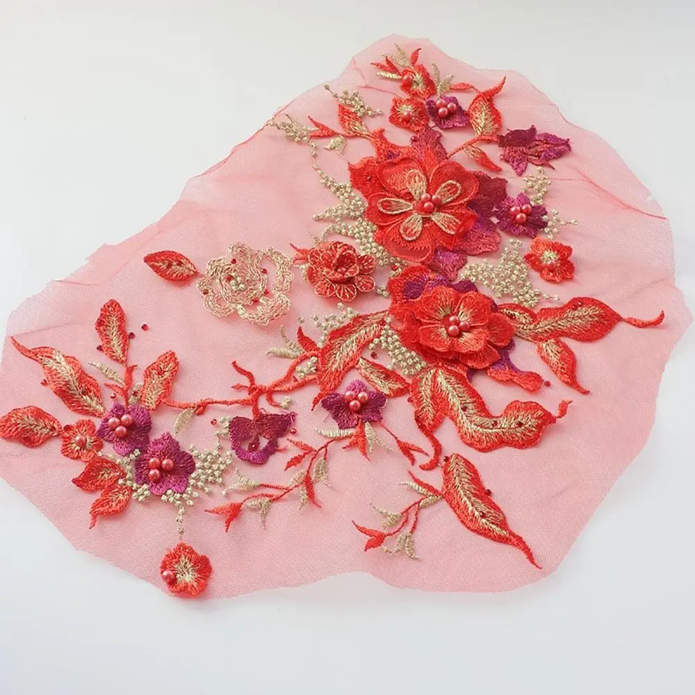 3D Flowers Beaded Lace Fabrics Applique Embroidery Sewing On Patches For Wedding Evening Dress Clothing Patches Scrapbooking