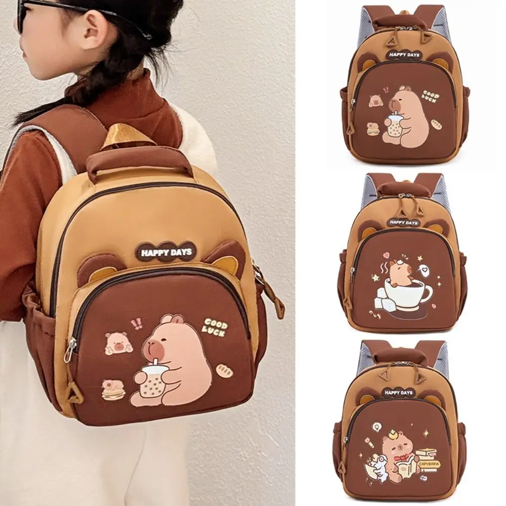 Kawaii Cartoon Capybara Backpack Large Capacity Nylon Capybara School Bag Multi-Pockets Lightweight Kindergarten Backpack