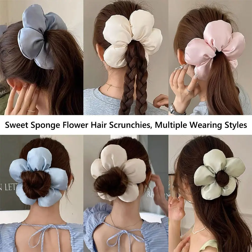 Fashion Sponge Flower Satin Hair Scrunchies Large Elastic Hair Bands Elegant Hair Accessories for Women