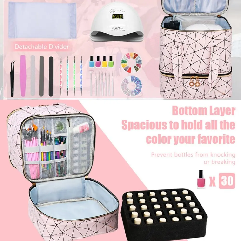 30 Grids Nylon Makeup Bag Double Layer Design Handbag Manicure Bag with Handle Professional Nail Case Cosmetic Organizer Bag