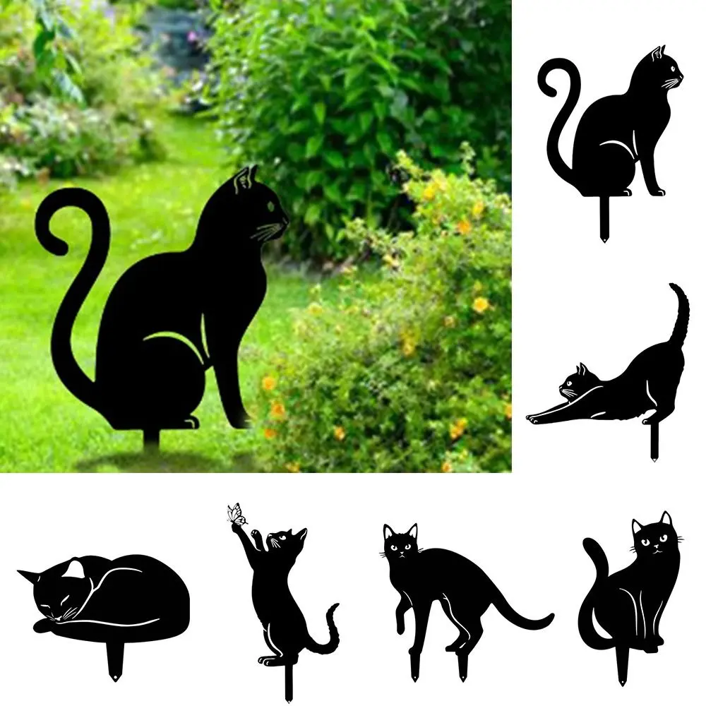 Iron Art Black Cat Garden Statue Silhouette Sculpture Outdoor Garden Backyard Decoration Waterproof Cat Figurine Yard Art